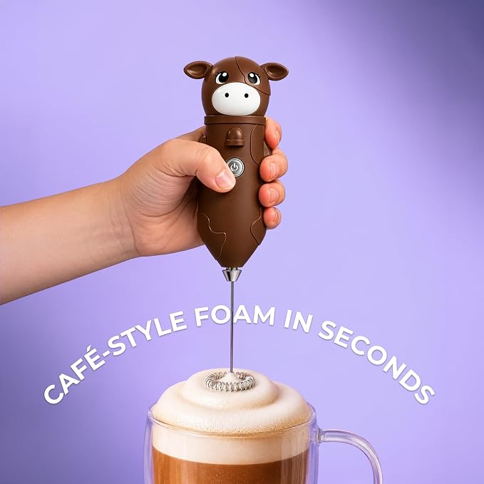 Zulay Kitchen Cow Milk Frother Wand – Cutesy Frother, Meet Your New Frothing Buddy Chocolate The Cow, Adoption Papers and Stickers Included, Purrr-fect for Lattes, Cappuccino & Matcha – Brown