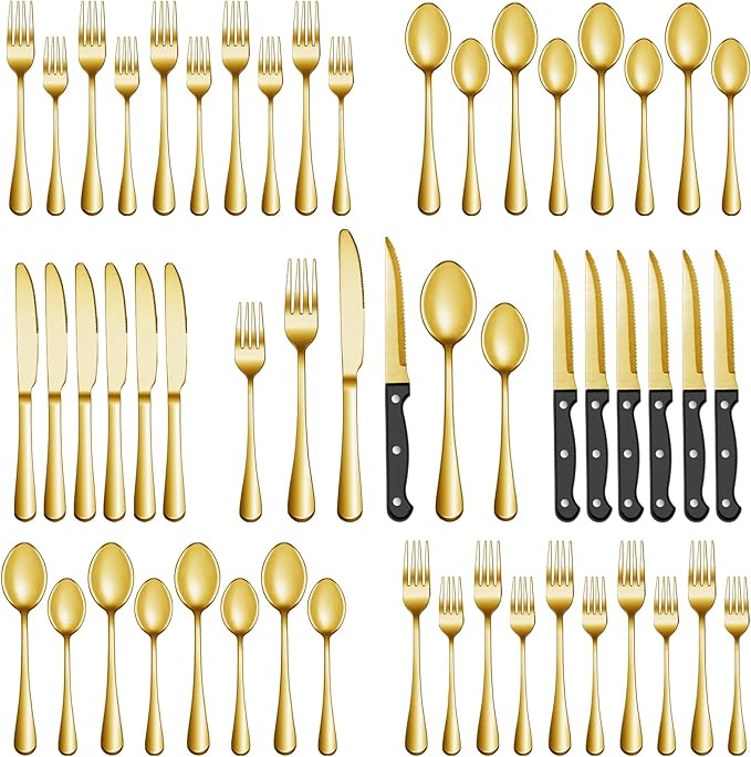 36 Pcs Gold Silverware Set with Steak Knives, Stainless Steel Flatware Cutlery Set for 6, Kitchen Tableware Sets, Utensil Sets for Home and Restaurant, Dishwasher Safe
