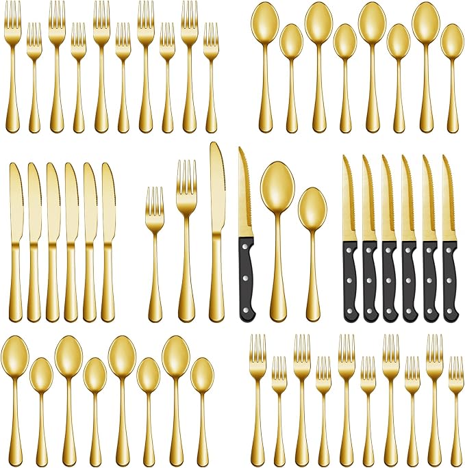 24 Pcs Gold Silverware Set with Steak Knives, Stainless Steel Flatware Cutlery Set for 4, Kitchen Tableware Sets, Utensil Sets for Home and Restaurant, Dishwasher Safe