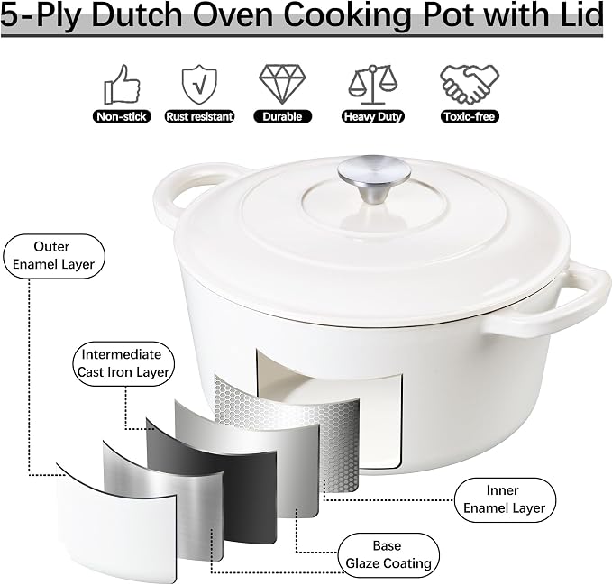 E-far 7QT Enameled Dutch Oven, Cast Iron Dutch Oven Pot with Lid for Cooking/Bread Baking/Braising/Roasting/Stewing, Heavy Duty Round Nonstick Cookware Safe for Induction & Oven - White