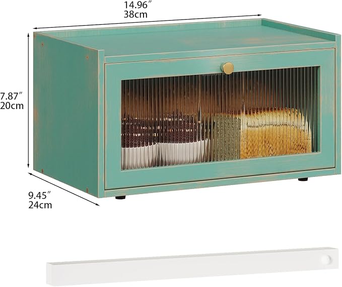 Trironsun Bamboo Bread Box with Led Light for Kitchen Counter Large Capacity Bread Storage Container Kitchen Countertop Organizer with Window Bread Holder (Antique Blue)