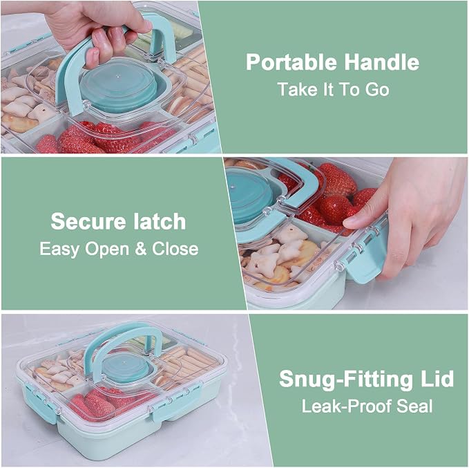 Large Snackle Box Container with Dip Container, 5 Compartments Snack Container with Lid and Handle, Veggie Fruit Divided Serving Tray for Party, Picnic, Dishwasher Safe, BPA-Free