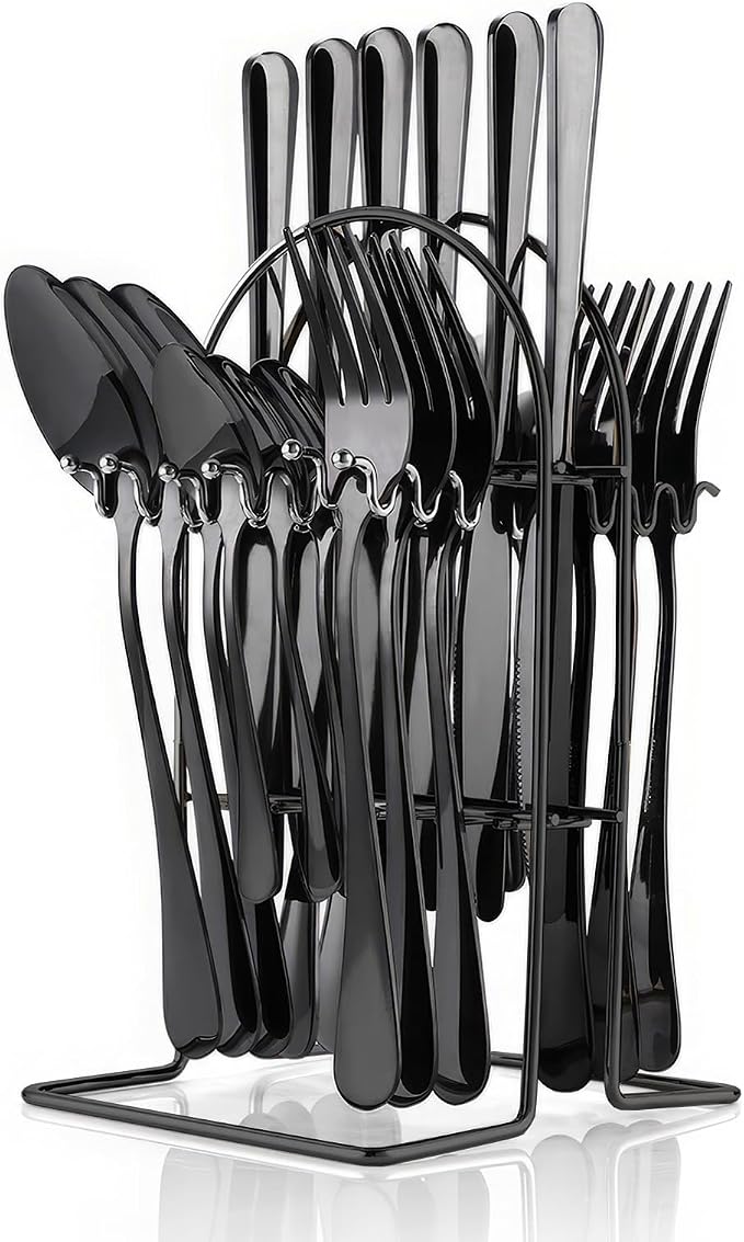 Flatware Set Rack,24 Piece Gilded Silverware Set with stand,Hanging Stainless Steel Utensils Set Service for 6,Eating Tableware Set Include Fork Knife Spoon Holder Set,Dishwasher Safe (Black)…