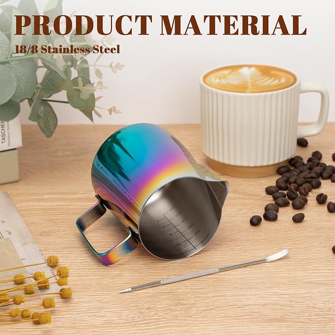 Amrules Milk Frothing Pitcher, 12 oz Milk Frother Cup with Clear Scale, 304 Stainless Steel Cappuccino Espresso Machine Accessories for Barista Coffee Bar with Latte Art Pen, Multicolor