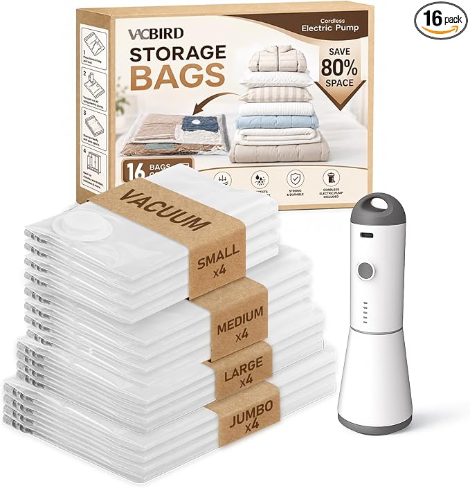 Vacbird Vacuum Seal Bags for Clothing, 16 Pack Vacuum Storage Bags with Rechargeable Cordless Air Pump(4J+4L+4M+4S), Space Saver Bags for Clothes Blanket Duvets Pillows Comforters Travel