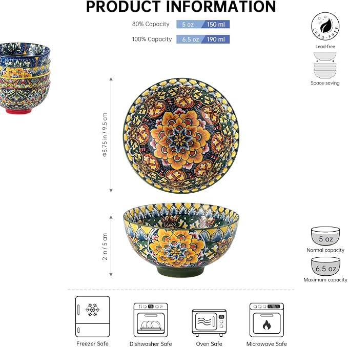 Henten Home Ceramic 5 oz Dipping Bowls, Boho Sauce Bowl Set of 6, Colorful Small Snack Bowls for Salsa, Appetizer, Decorative, Microwave & Dishwasher Safe