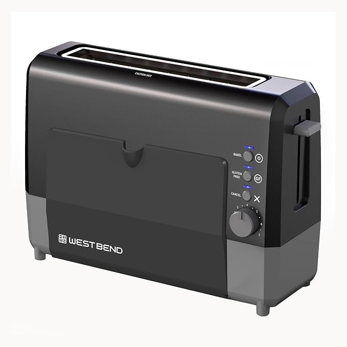West Bend QuikServe Toaster, 2-Slice Wide-Slot Slide-Through Bread Toaster with Bagel and Gluten-Free Settings and Cool-Touch Exterior Fast Toasting, Includes Removable Serving Tray, 1400-Watts, Black