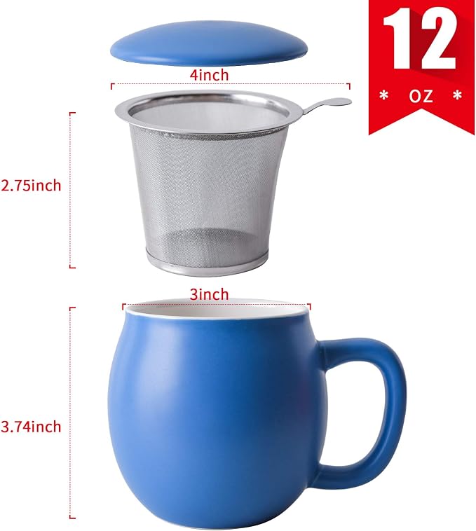 Yundu 12 OZ Matte Blue Ceramics Teacup with Infuser and Lid, Mug with Lid for Steeping - Stainless Steel Infuser for Loose Leaf Tea, Home Office Gift for Tea Lovers