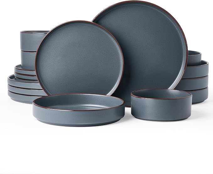 Famiware Nebula Ridge 16-Piece Dinnerware Set with Pasta Bowls, Charcoal | Stoneware Plates and Bowls for 4, Warm Hand-Painted Rims, Microwave and Dishwasher Safe