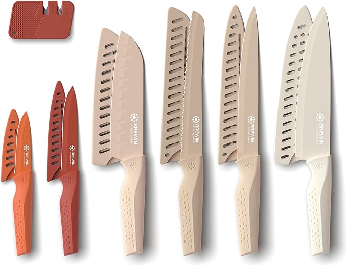 Brewin Knife set, 13 Pieces Kitchen Knives Set with Sharpener, Anti-Rust Coating and Blade Guard, Home Essentials, Camping Essentials - Muliticolor