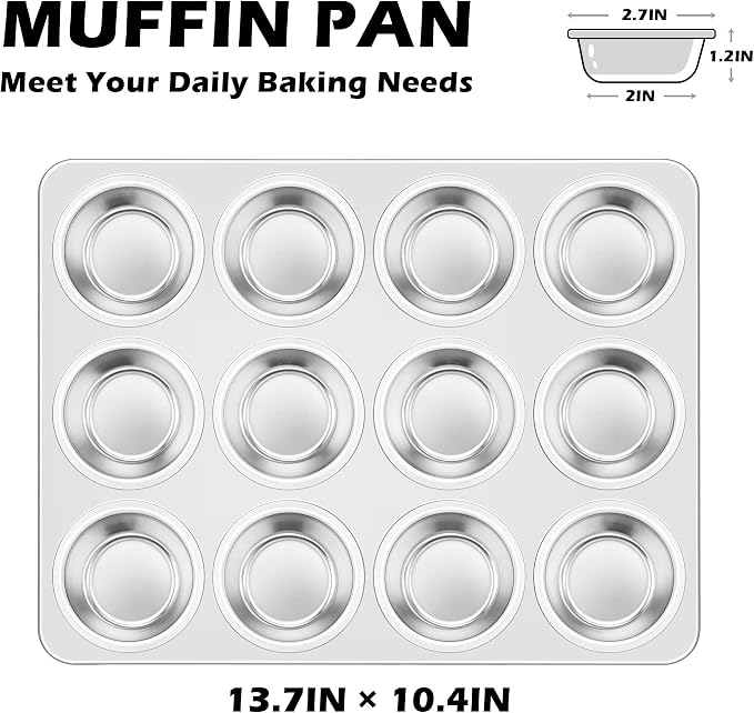 Leonyo Non-Toxic Stainless Steel Muffin Pan Metal Cupcake Pan 12 Cup | Standard Size Metal Muffin Tin Tray for Baking Cupcake Quiches, Dishwasher Oven Safe