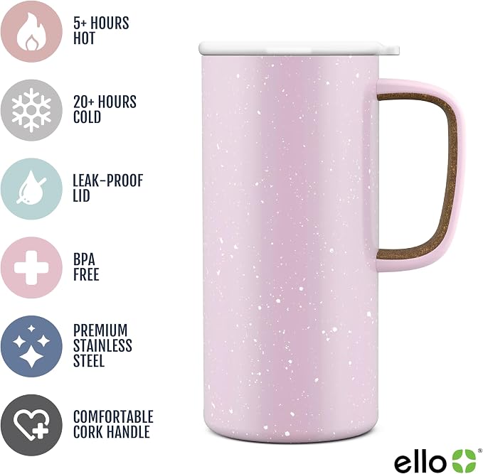 Ello Campy 18oz Insulated Stainless Steel Travel Mug with Handle, Pink Satin