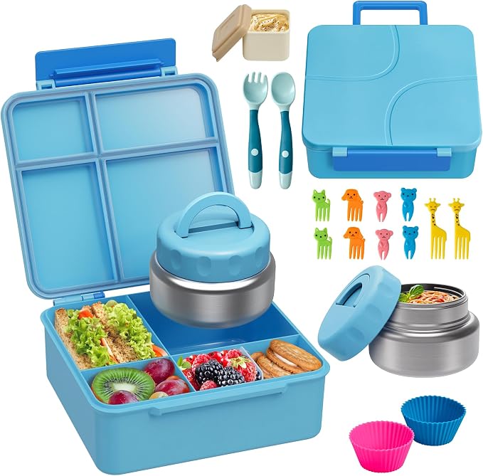 Bento Lunch Box with 9.5 oz Soup Thermo, Kids Leakproof 4 Compartments Bento Box with Silicone Cupcake,Fruit Fork,Spoon and Sauce Cup,Insulated Food Jar for School Travel-Blue