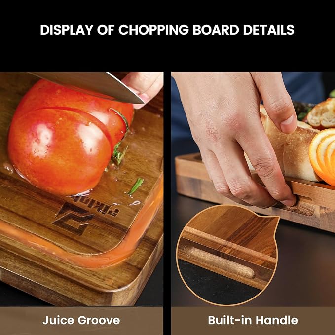Acacia Wood Cutting Board Set for Kitchen with Wood Storage Stand | Premium Wooden Chopping Board, Reversible Cutting Board, Juice Groove, Non Slip Feet, Charcuterie Board for Meat & Cheese