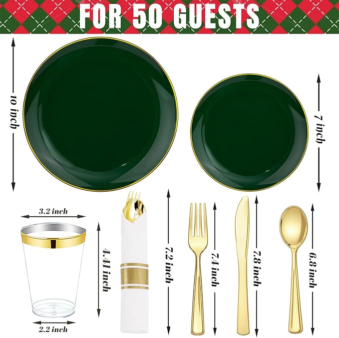 KIRE 350PCS Green and Gold Plates - Plastic Dinnerware Set for Christmas | 50Guests Include 100PC Green Plastic Disposable - 50PCSPre Rolled Napkins with Silverware &50PCS Cups for Wedding/Holiday