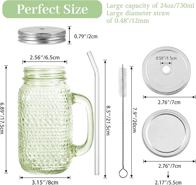 DaYammi 6 Pack 24oz Hobnail Mason Jars Cups Drinking Glass Cups with Lids & Straws, Green Wide Mouth Mason Jars Cups with Handle, Tumblers for Coffee Smoothies, Iced Tea, Juice, Beer, Cocktail