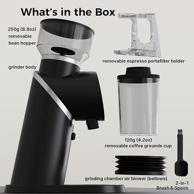 TALIA Coffee Grinder Electric Coffee Bean Grinder with 48mm Titanium Plated Conical Burrs, 51 Grind Settings for Espresso to French Press, Touch Control, Time & Cup Customization, Portafilter Holder