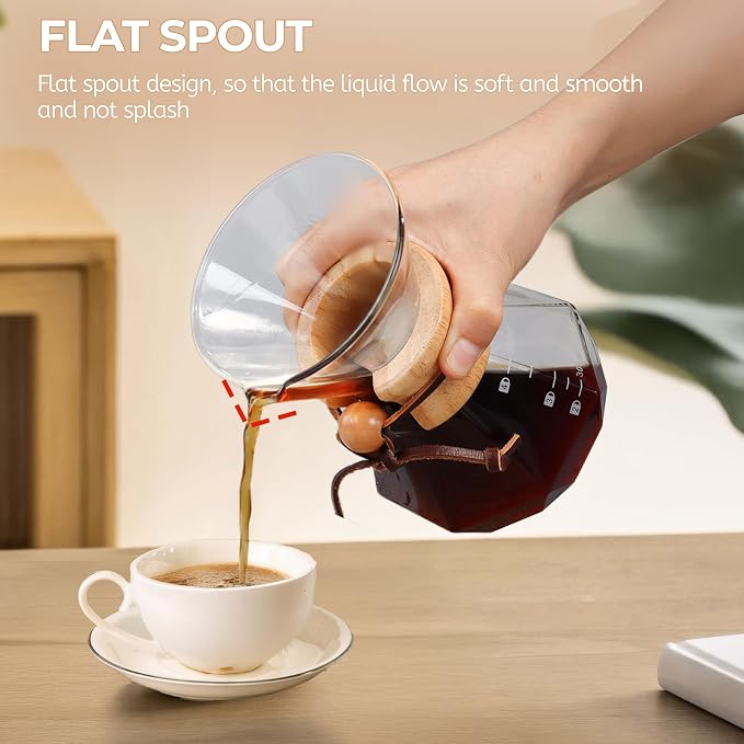 Pour Over Coffee Maker 600ml with 304 Stainless Steel Filter Wooden Collar Holder Borosilicate Glass Drip Coffeemaker Server Set Clear Hand Brew Dripper Carafe for Home Camping Travel 20.3oz