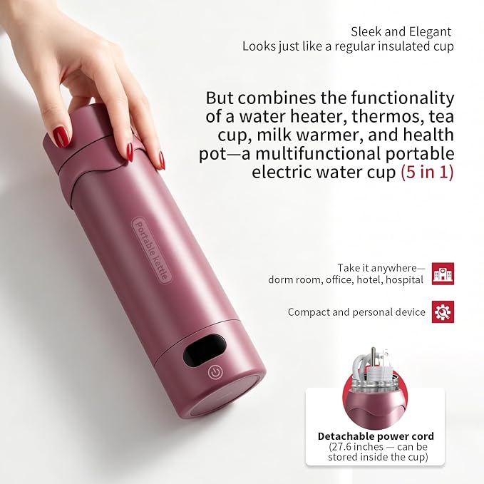 Travel Electric Kettle, Insulated Water Bottle with 4 Temp, Black Cherry | 316 Stainless Steel Liner, 400ml, Auto Shut-Off & Leak-proof, Mini Travel Essentials Portable Office Gifts for Tea Lovers