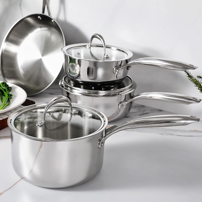 KEAWELL K3 Premium Tri-Ply Fully Clad Saucepan with Lid (3-Qt) | Tri-Ply Fully Clad Stainless Steel Saucepan; Small Pot with Lid; Even Heating; Induction and Oven Safe; For All Stovetops