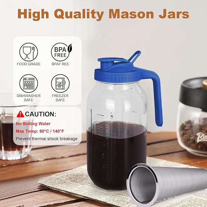 Cold Brew Coffee Maker, 64 oz Mason Jar Pitcher with Stainless Steel Filter, Pour Spout Handle Lid, Heavy Duty Glass Airtight & Leak-Proof for Iced Coffee,Tea & Lemonade