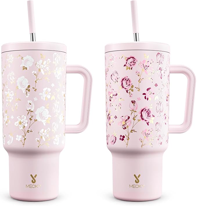 Meoky UV Color-Changing Tumbler: 40 oz Tumbler with Handle and Straw- Stainless Steel Insulated Tumbler for Car Cup Holders - Adults Women (1 Pack, Rose Manor)