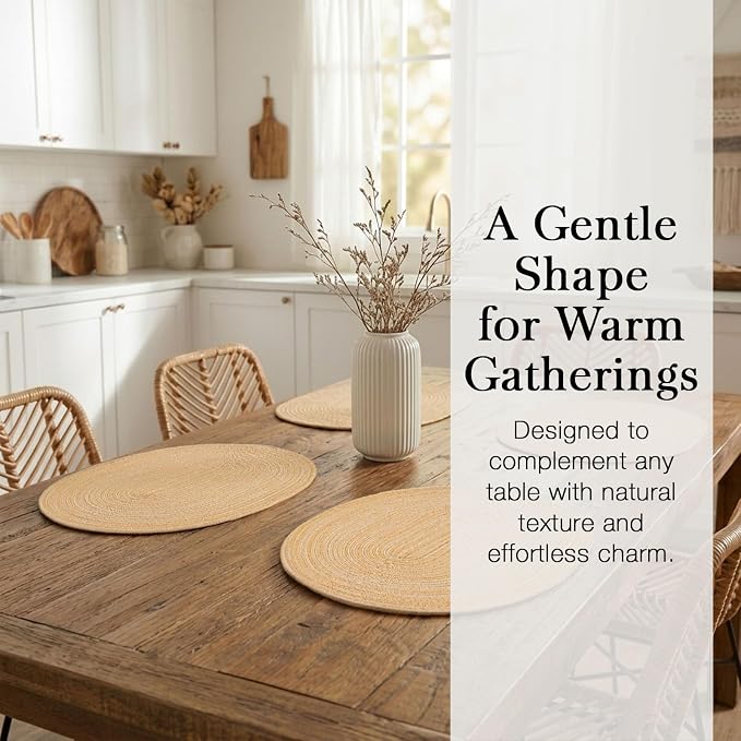 Placemats Set of 4, Woven Oval Braided Dining Table Mats(Beige Brown) | 12 x 17.5 Inch Size Fits Plates and Flatware; Hand Washable and Heat Resistant for Kitchen Use, with Farmhouse and Boho Style
