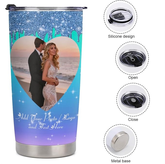 Personalized Tumbler Custom Vacuum Insulated Travel Mug Customizable Coffee Cup with Your Photos and Text Christmas Birthday Gift (2 Heart Photos+Text)