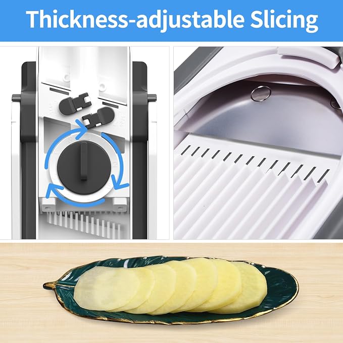 Safe Mandoline Slicer for Kitchen, 5 in 1 Multi Food Chopper, Potato Slicer | Adjustable Thickness 0.1-8 mm, Vegetable Chopper Cutter, Food Chopper French Fry Cutte, Paring Knife/Cleaning Brush, Mandolin
