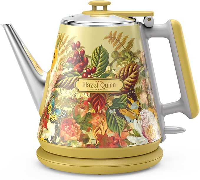 Hazel Quinn X Eduardo Recif Electric Kettle 1L/34oz Small Tea Kettle Floral | 800W Fast Boil, 304 Stainless Steel Interior, Double-Wall Cool Touch, Gooseneck Spout, Auto Shut-Off, BPA-Free Cordless, Home