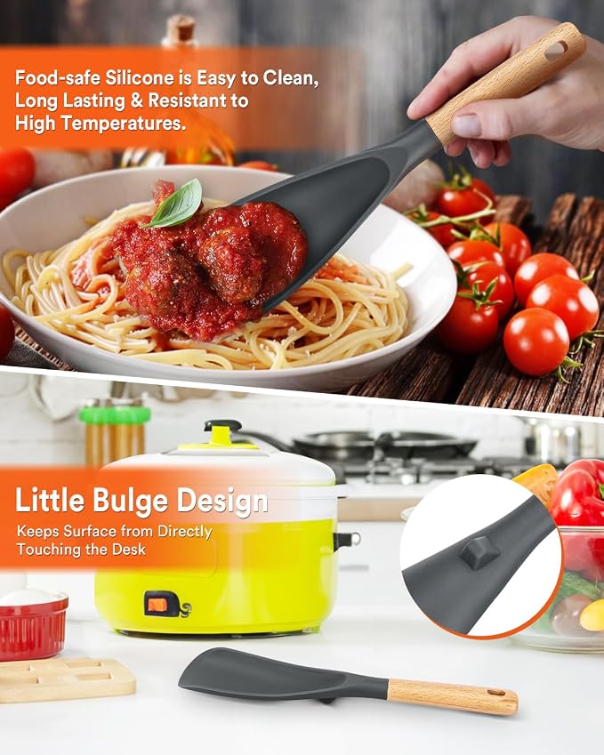 Cooking Spoon and Rice Scooper for Nonstick Cookware,Multi-function | Great for Cooking and Serving, Sturdy BPA-Free Matte Silicone, Wood Handle Spoon for Mixing, Scoop, and Scrape,9.3"+14.3"