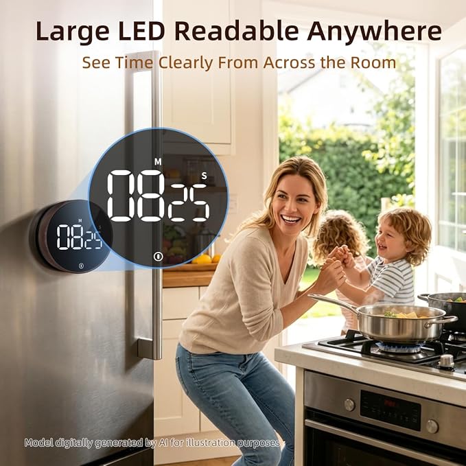 Digital Magnetic Kitchen Timer & Stopwatch with LED Display, Woodgrain | Up to 99:55 Countdown & Count Up , Easy Twist Control, Adjustable Volume & Brightness, Magnetic Back, Battery Powered
