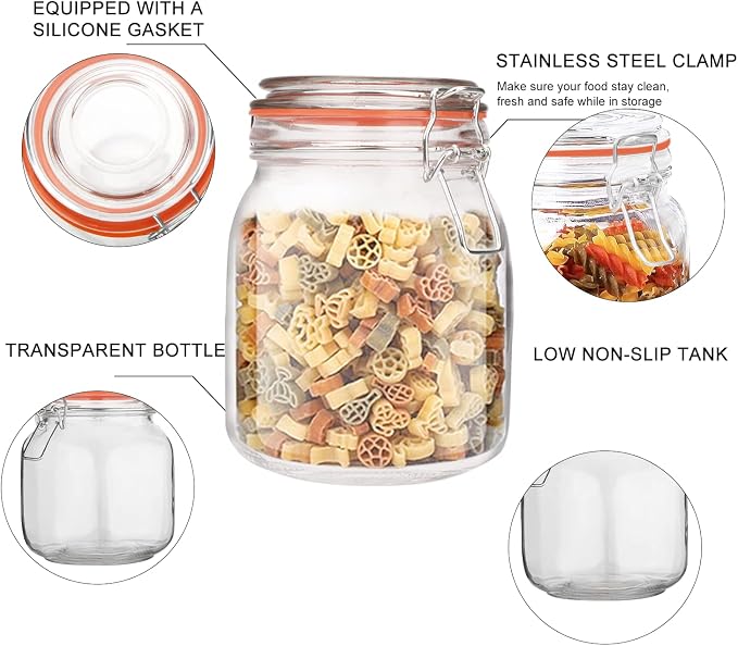 32oz Glass Food Storage Jars with Airtight Clamp Lids,6 Pack | Square Wide Mouth Mason Jars, Food Storage Containers for Kitchen,Pantry,Pickling,Sugar,Flour, Cereal