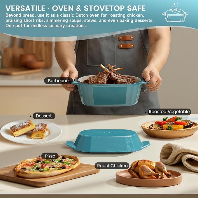 Enameled Cast Iron Sourdough Bread Oven – Dutch Oven for Sourdough, Oval Cast Iron Bread Pan with Lid，Loaf Cast Iron Dutch Oven for Baking (3.3QT-Blue）