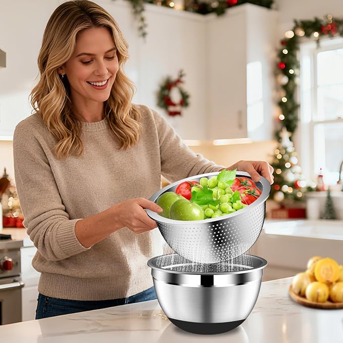 DUTZUN Kitchen Appliances, Large Mixing Bowls with Lids Set & Colander | 6.0 QT Stainless Steel Mixing Bowl with Strainer & Graters for Baking, Serving, Cooking, Prep, Salad