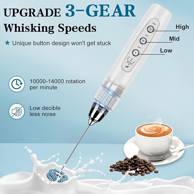 Milk Frother Wand Rechargeable Handheld Whisk Coffee 3 Speed Adjustable | Electric Whisk Drink Mixer with Stainless 3 Whisks Hand Frother , Foam Maker for Latte Cappuccino Matcha Egg Silver