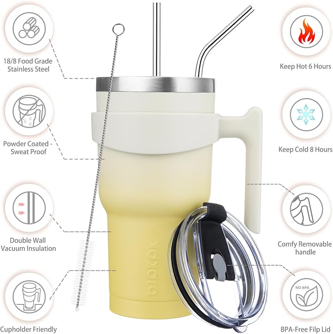 BJPKPK 30 oz Tumbler with Handle & Straw, Insulated Stainless Steel Mug | Double Wall Vacuum, Keeps Hot/Cold, Thermal Cup, BPA Free, Dishwasher Safe, Cupholder Fit, Coffee & Travel, Lemon