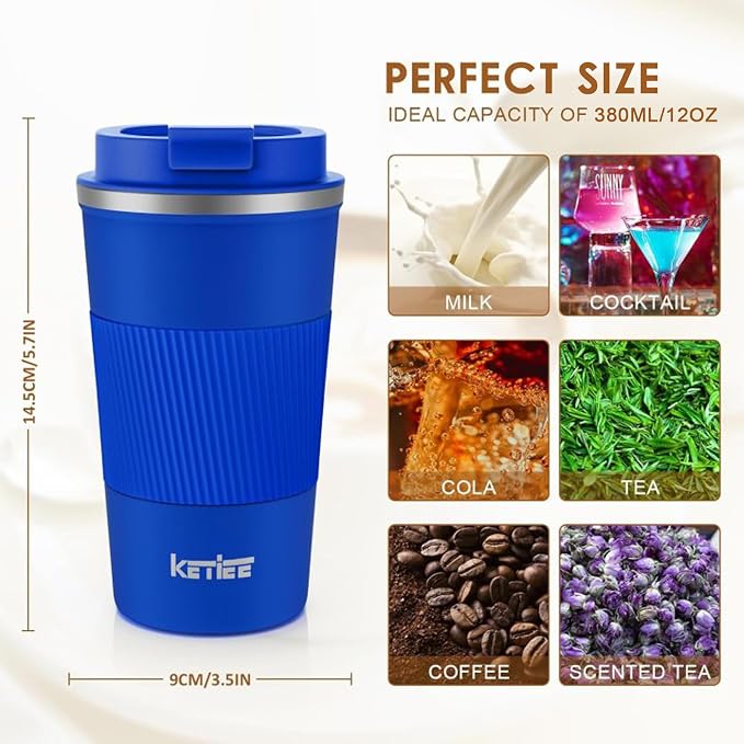KETIEE Travel Coffee Mug 12oz: Insulated Travel Mug with Leakproof Lid, Reusable Coffee Cups with Seal Lid, Vacuum Stainless Steel Tumbler to Go for Hot/Ice Drinks (Blue) | Reusable Coffee Cups with Seal Lid, Vacuum Stainless Steel Tumbler to Go for Ho...