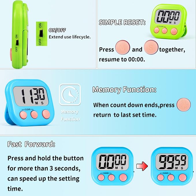Timer for Kids Digital Kitchen Timers for Cooking- 12 Pack Blue Green | Countdown Timer for Classroom Study Exercise Teacher Supplies, Strong Magnetic, Loud Alarm, Large Screen, Fast Reset, Memory