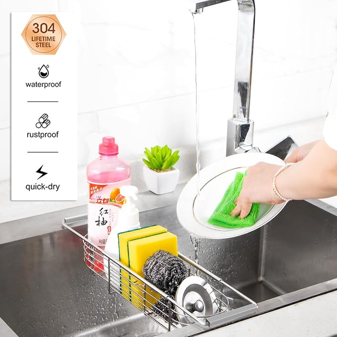 YQh Retractable Sink Drain Rack, 304stainless Steel Expandable Sink Storage Rack, Adjustabl Kitchen Sponge Drying Rack, soap Rack, Breathable Drainage (Adjustable Length 14in-18in)