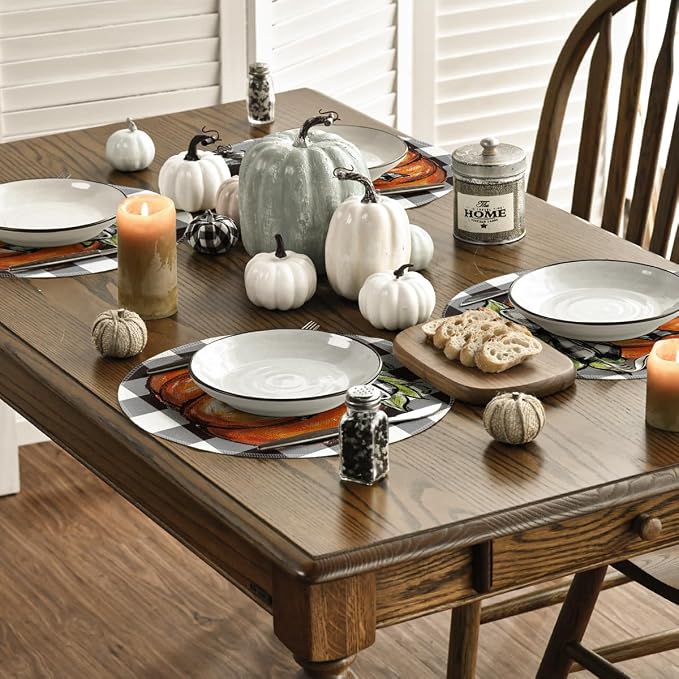 Artoid Mode Buffalo Plaid Pumpkin Fall Round Placemats Set of 4, 14 Inch Round Table Mats for Dining Decoration | Heat-Resistant, Washable Table Mats, Seasonal Autumn Bowknot Kitchen Dining Decor