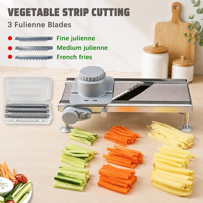 Goldtree Mandoline Slicer Adjustable Vegetable Onion Potato Food Cutter | Stainless steel structure, Precisely adjustable slice thickness, 3 strip-cutting blades, Latest safety hand guard