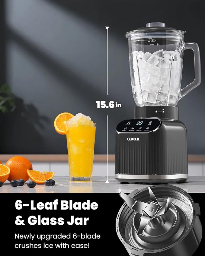 GDOR Professional Blender for Kitchen, 1200 Peak Watts Smoothie Blender, 5 Functions for Ice Crushing & Frozen Fruit, 52 Oz Glass Jar & 24 Oz To-Go Cup Combo, Self-Cleaning, Gray