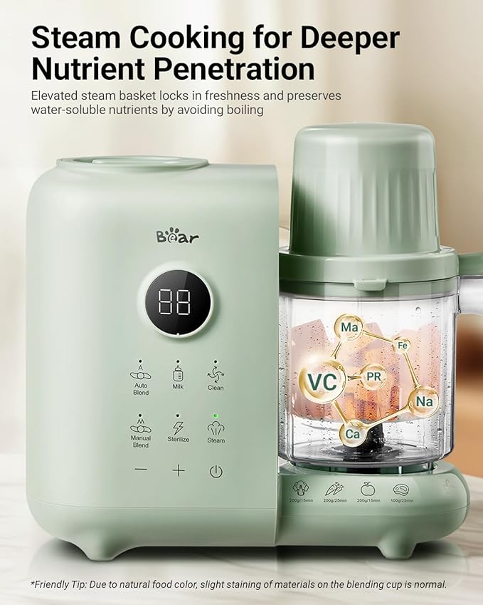 Bear Baby Food Maker Steamer&Blender with Dual-Layer Steam Baskets, 18.5oz | OneStep Baby Food Processor Puree Maker Grinder Mills Bottle Warmer, Sterili-zing for Healthy Homemade Baby Puree, BPA-Free