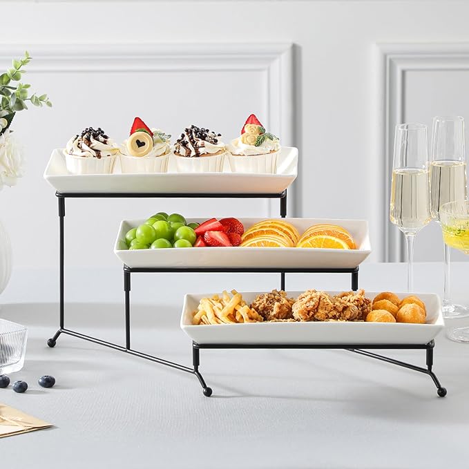 MALACASA 3 Tier Serving Trays for Party, Porcelain Serving Platters and Trays, 12 Inch Tiered Tray Stand, Fruit Tray, Trays for Serving Food, White Dessert Stand with Collapsible Sturdier Metal Rack | Tiered Serving Stand for Party, Fruit Tray, Trays f...