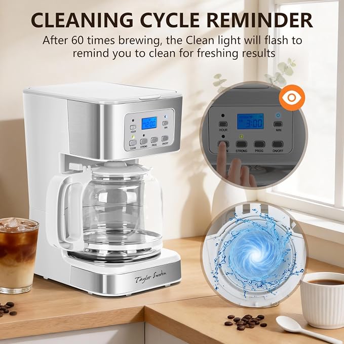 Taylor Swoden 12-Cup Programmable Coffee Maker, White & Stainless Steel | Regular & Strong Brew Drip Coffee Machine for Home and Office, Glass Carafe, Pause & Serve, Auto Shut Off