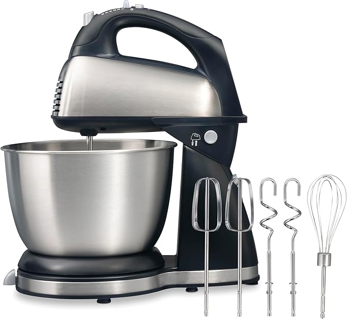 Hamilton Beach Classic Stand and Hand Mixer, 4 Quarts, 6 Speeds with QuickBurst, Bowl Rest, 290 Watts Peak Power, Black and Stainless | 2-in-1 Versatility | QuickBurst For Added Power | 290 Watts Peak Power | Built-In Bowl Rest | Black and Stainless Steel