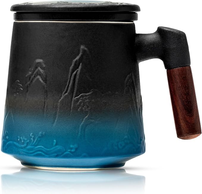suyika Ceramic Tea Cup with Infuser and Lid, Matte Black 15.2 oz / 450 ml | Gradient Embossed, Large Tea Mug, Wooden Handle