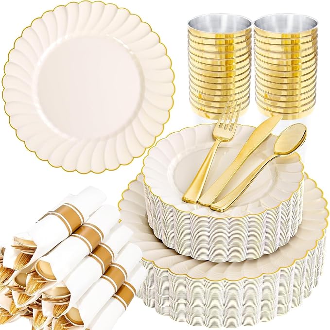 YOUBET 350PCS Ivory Scalloped Plastic Plates for Wedding Party | Ivory and Gold Disposable Dinnerware Set Include 100 Plates, 150 Gold Silverware, 50 Cups, 50 Napkins