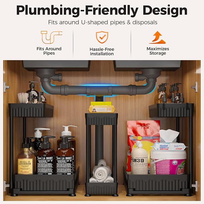 3-Pack 2-Tier L-Shaped Under Sink Organizers with Sliding Drawers | Multi-use kitchen & bathroom storage, 12.85 inch black cabinet organizer, space-saving sliding drawer design.